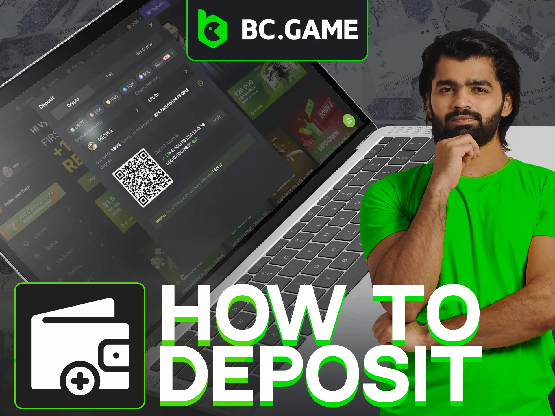 To deposit on BC Game, log in, choose payment method, type the amount.