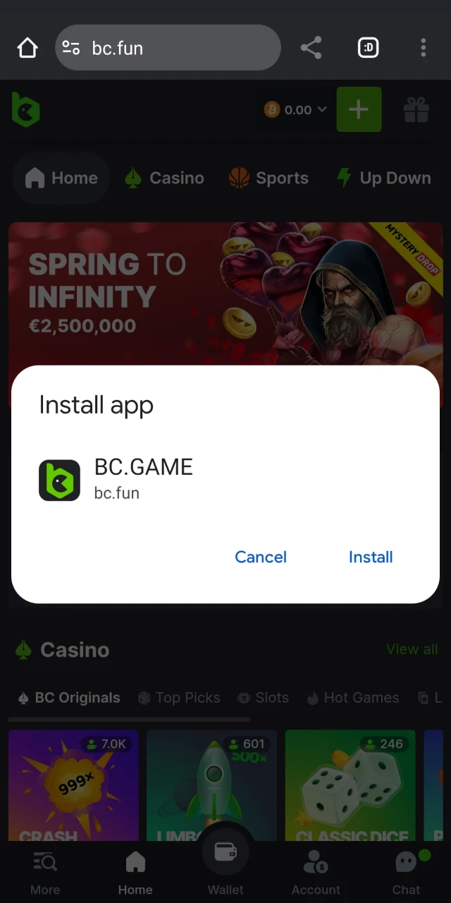 Install the BC.Game app on your Android device.