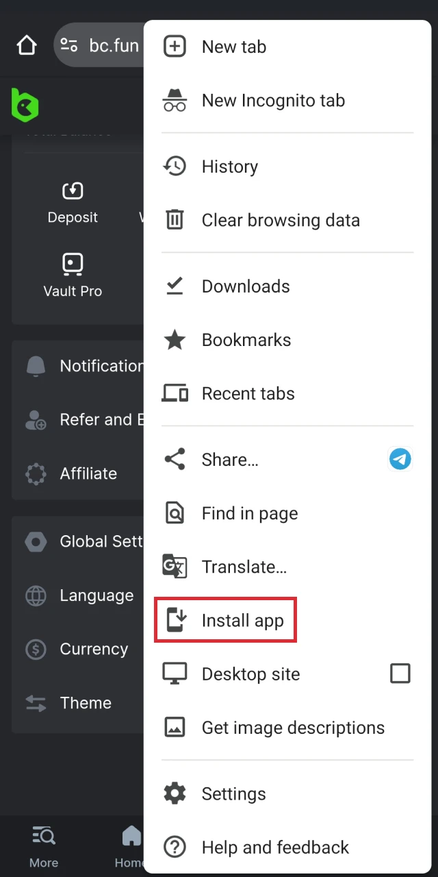 Open your Android device's browser menu and click the Install button.