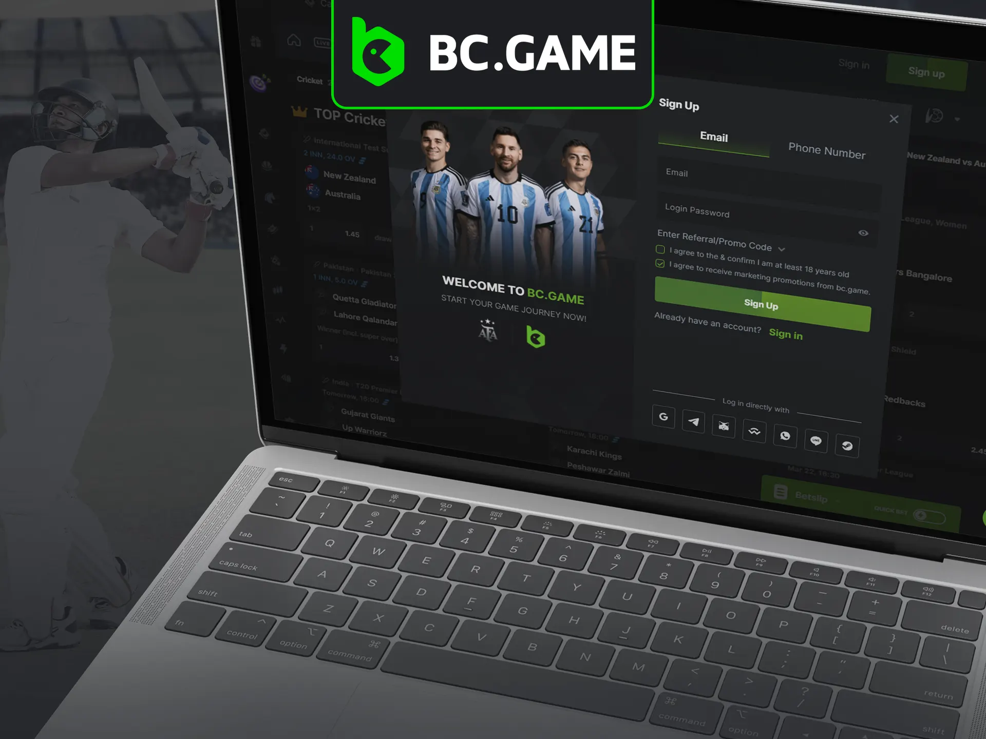 Sign up with BC Game for cricket betting.