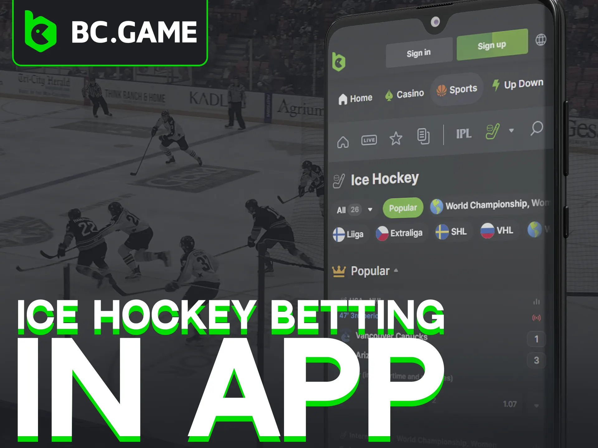 Bet on hockey easily with BC Game's mobile app.