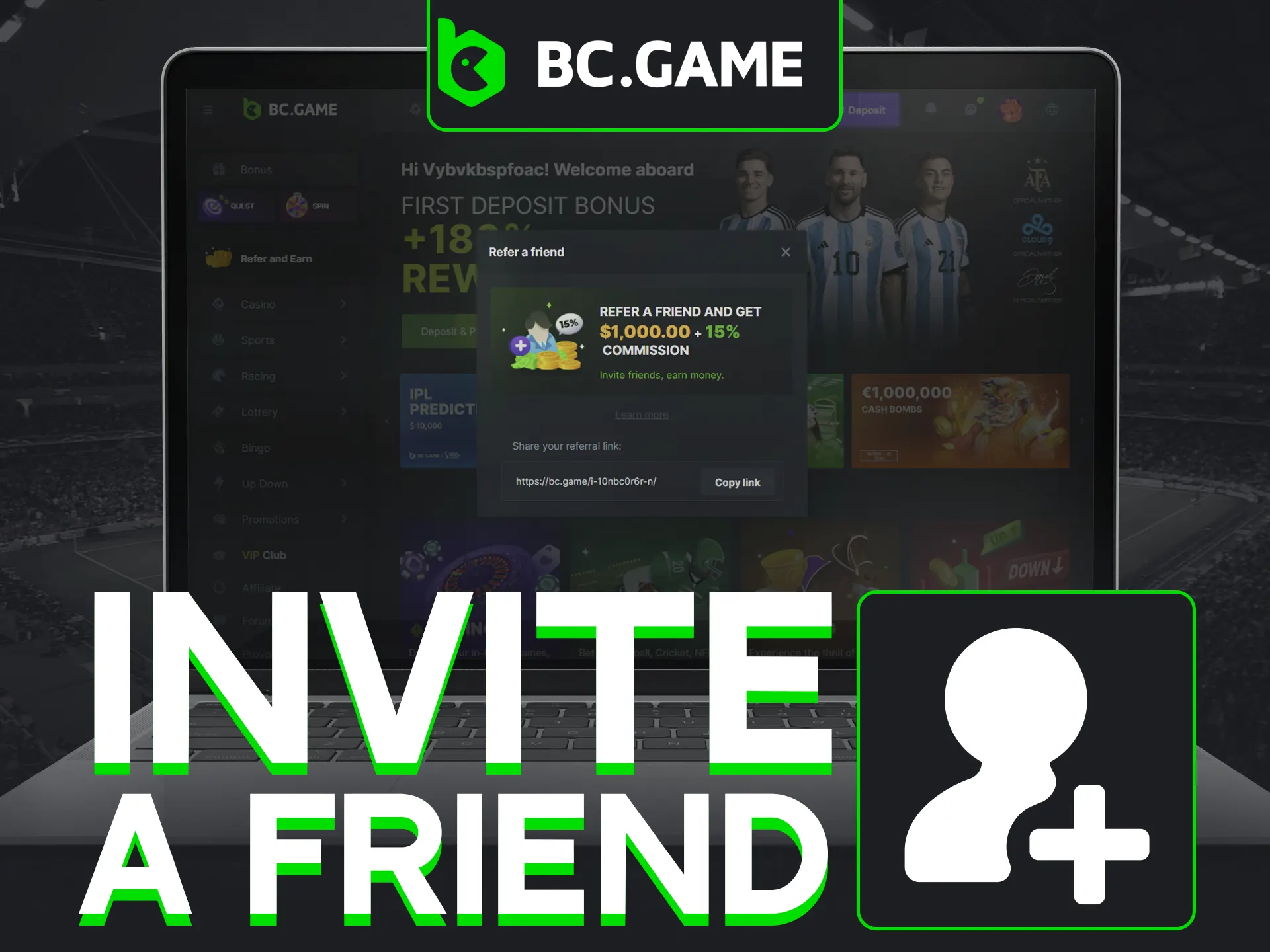 Invite friends to BC Game, earn bonuses with referral link.