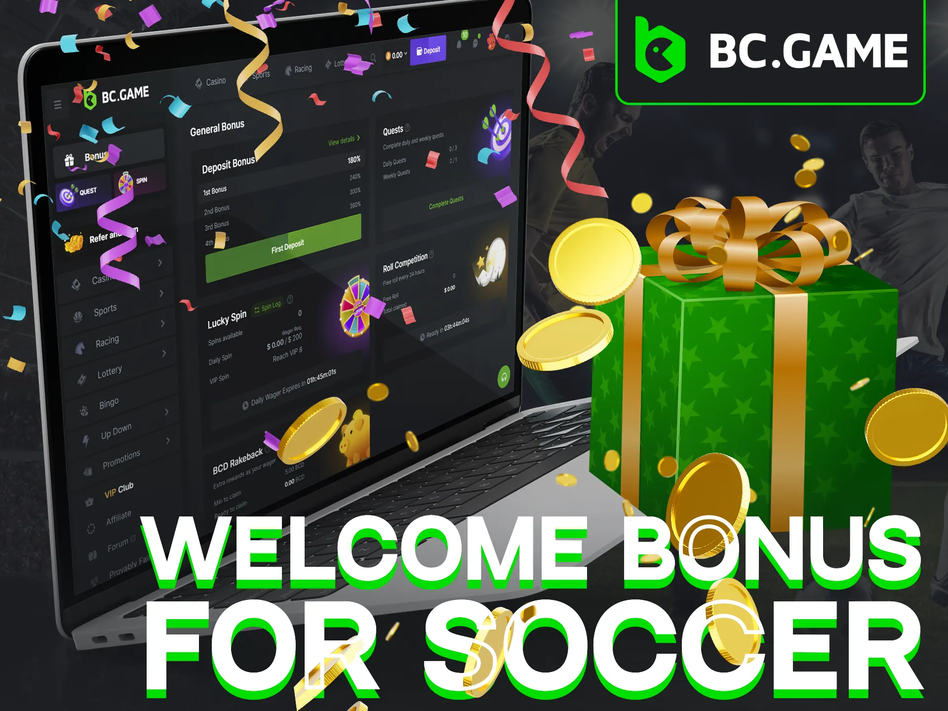 Get BC Game's welcome bonus for soccer betting on deposits.