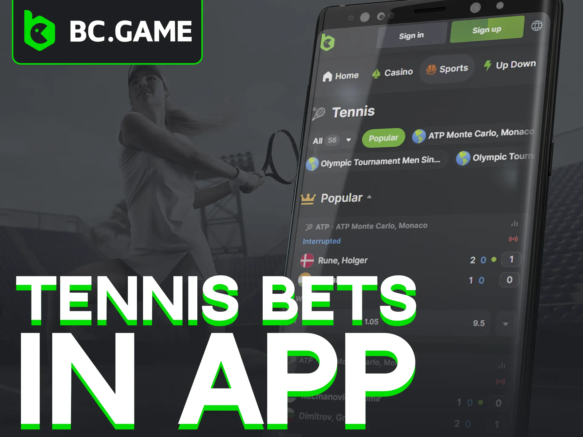 Bet on tennis easily with BC Game's mobile site app.