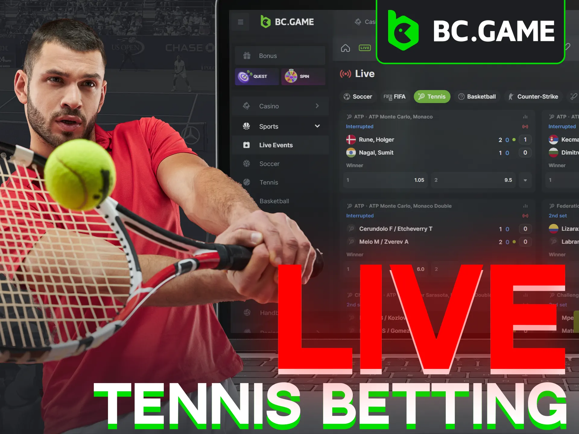 Try live tennis betting for higher odds at BC Game.