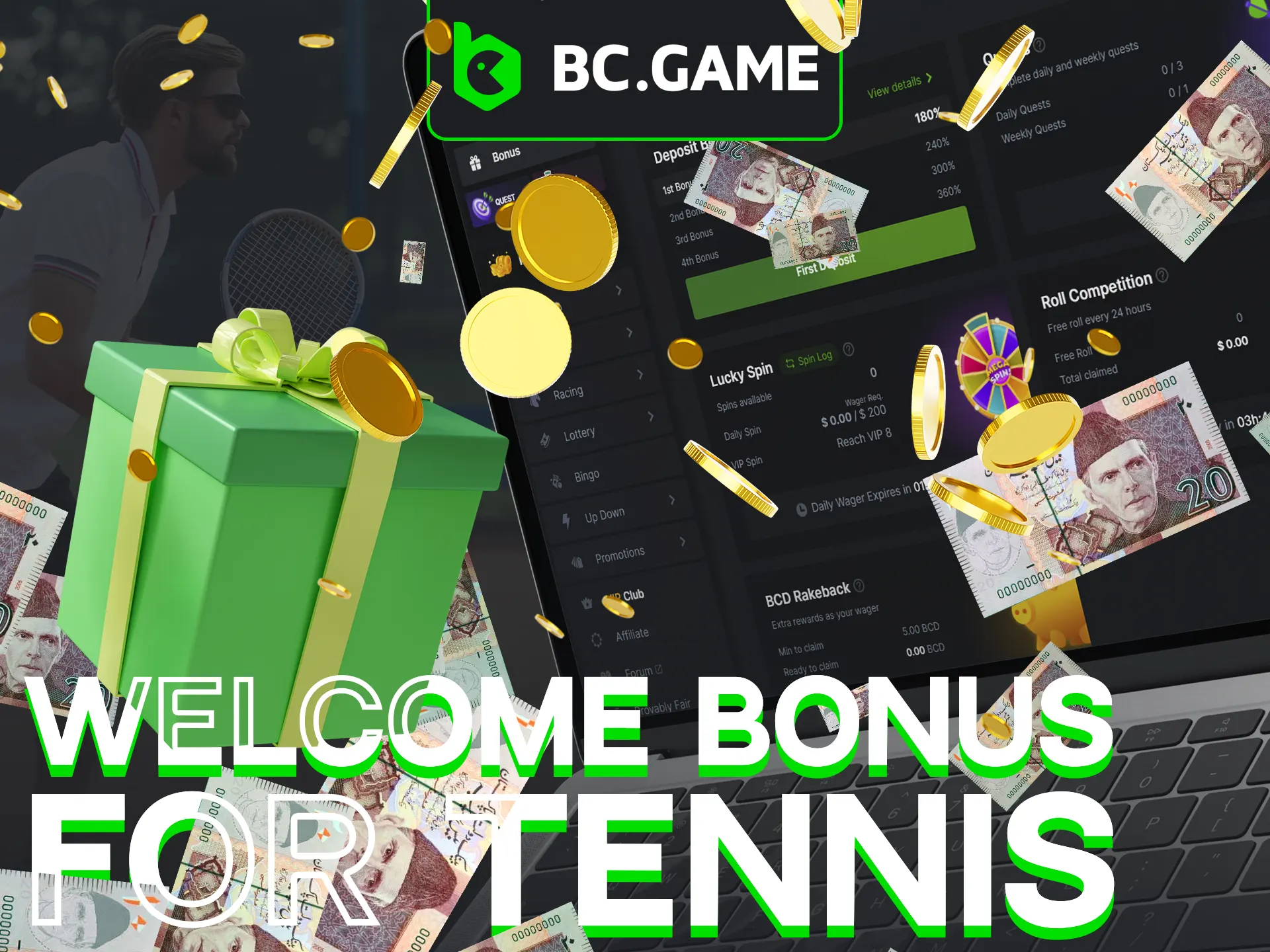 BC Game offers welcome bonuses for tennis betting on deposits.