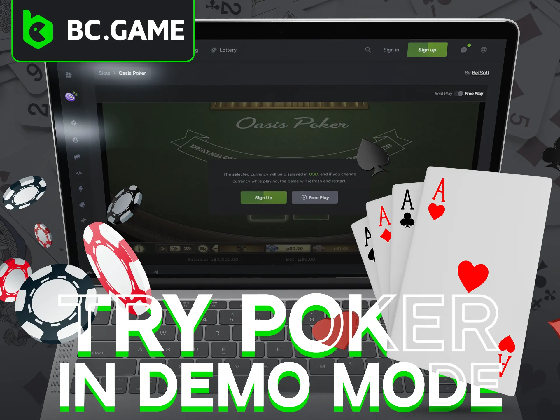 Try poker for free in BC Game's demo mode.