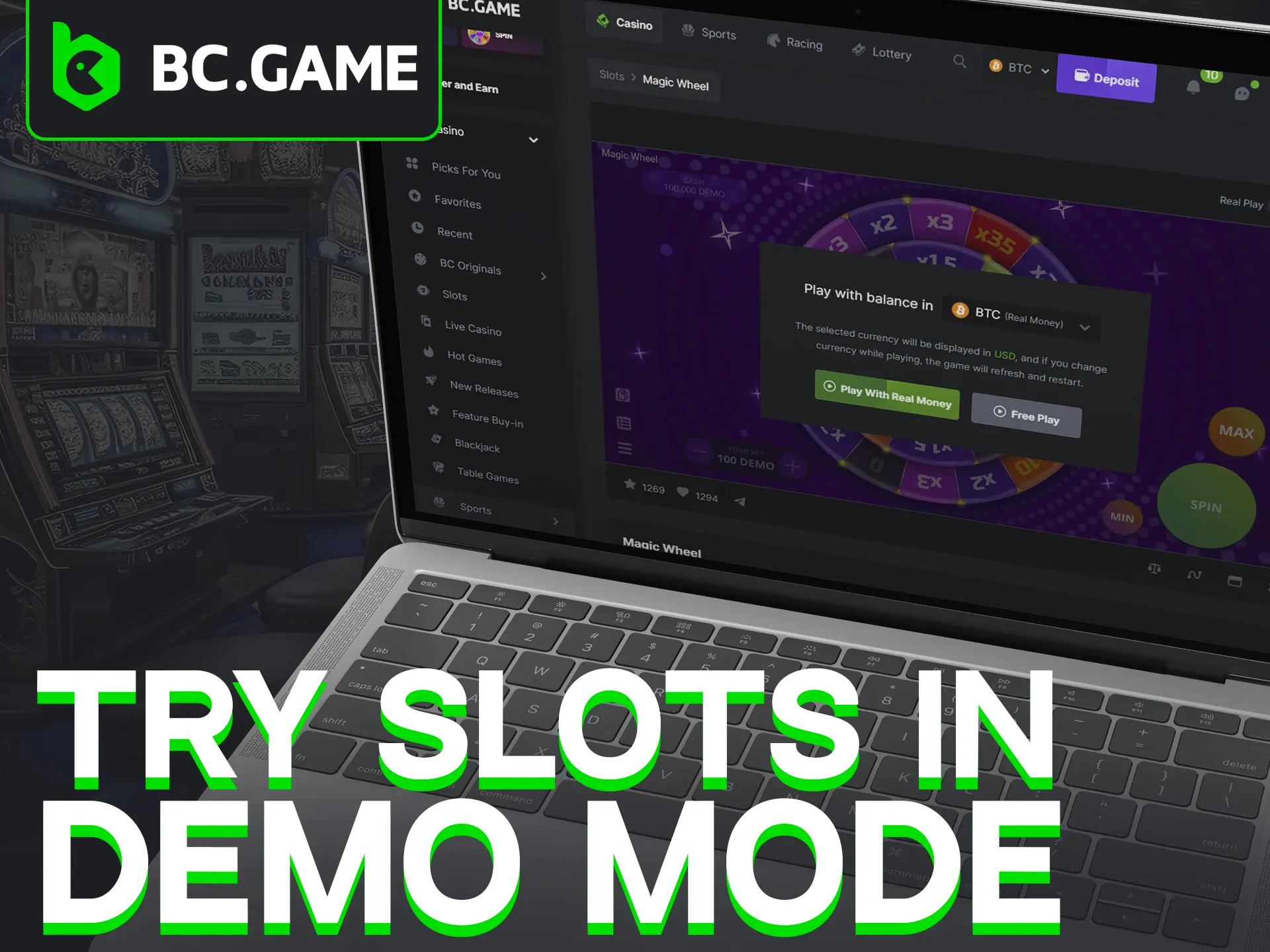 Test slots for free with BC Game's demo mode.
