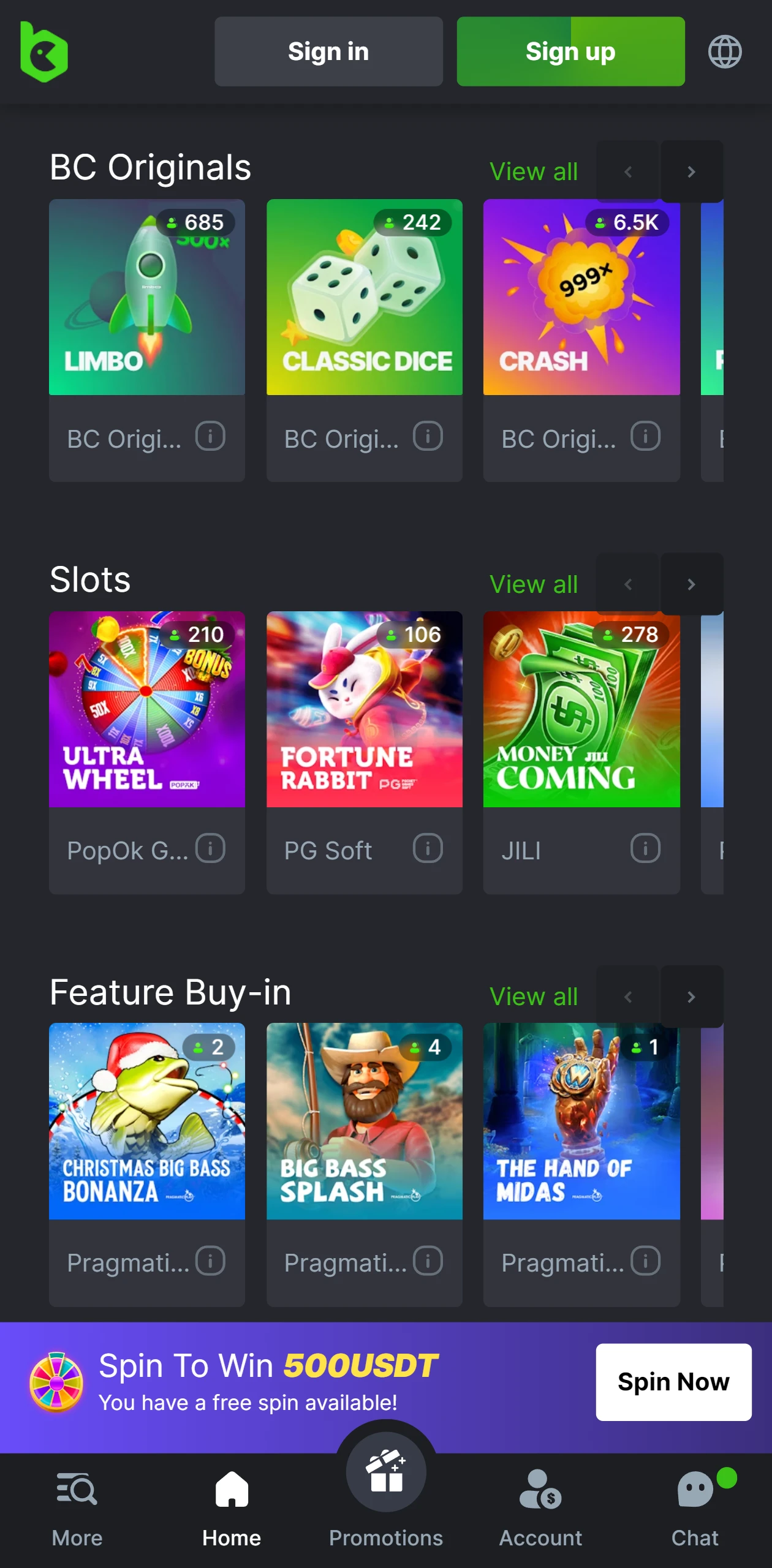 BC Game offers many games in the casino section.