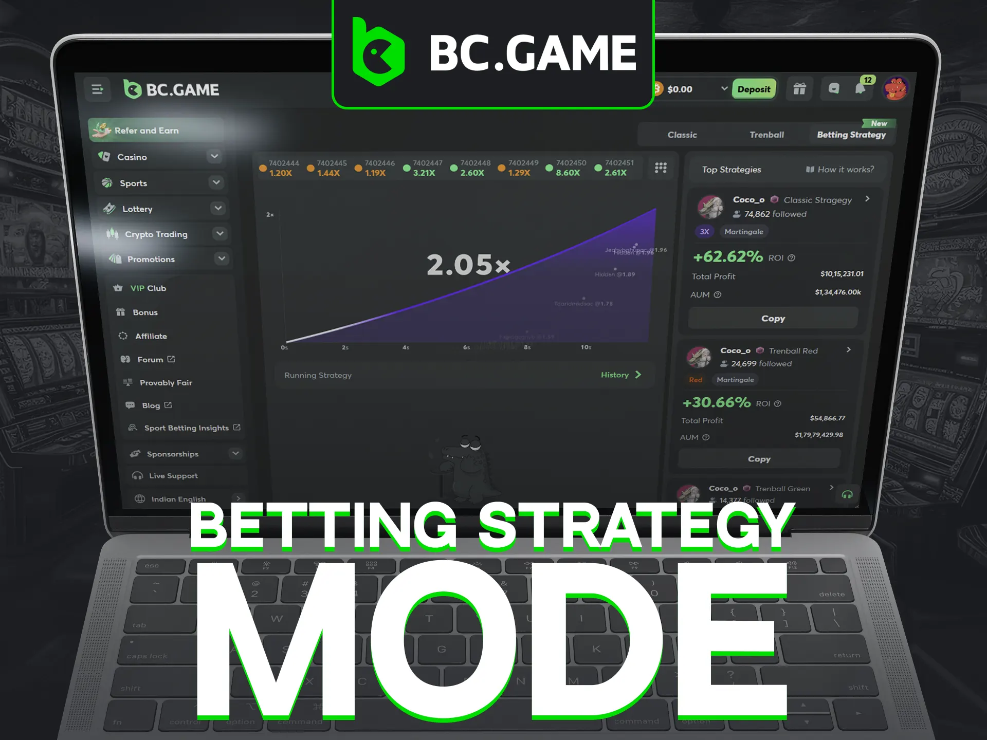 BC.Game’s Crash offers strategy betting like Martingale.