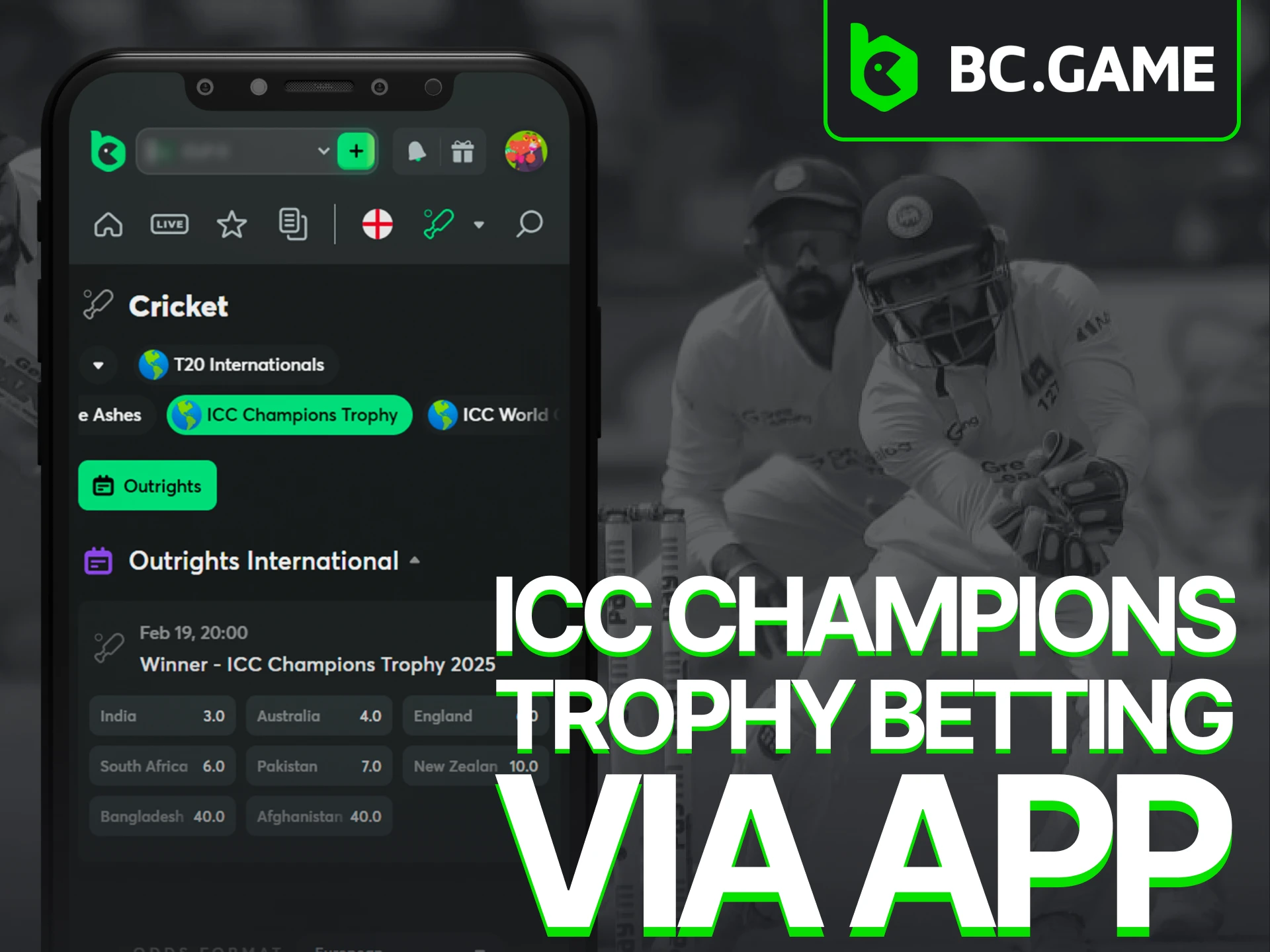 Place bets on the ICC Champions Trophy with BC Game mobile app.