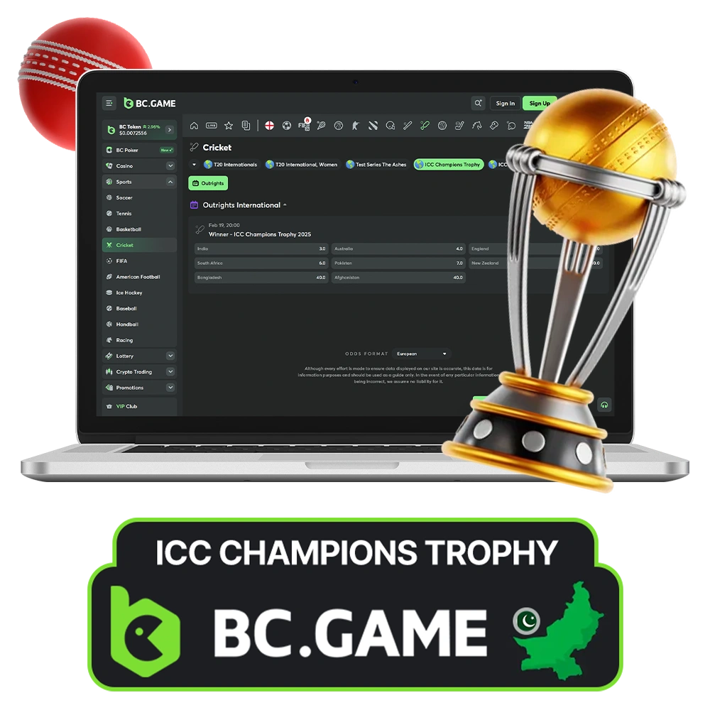 At BC Game, you can easily place bets on the ICC Champions Trophy.