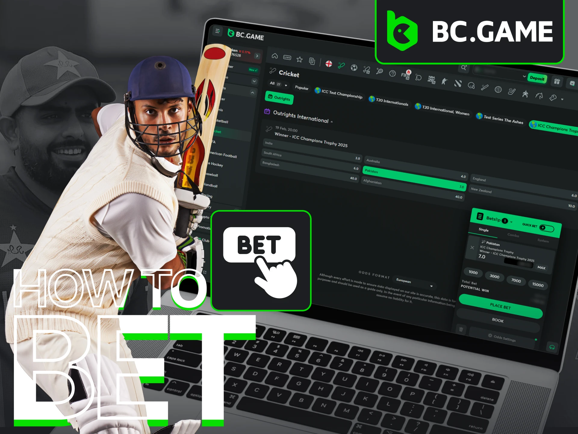 Betting on the ICC Champions Trophy at BC Game is a simple process.