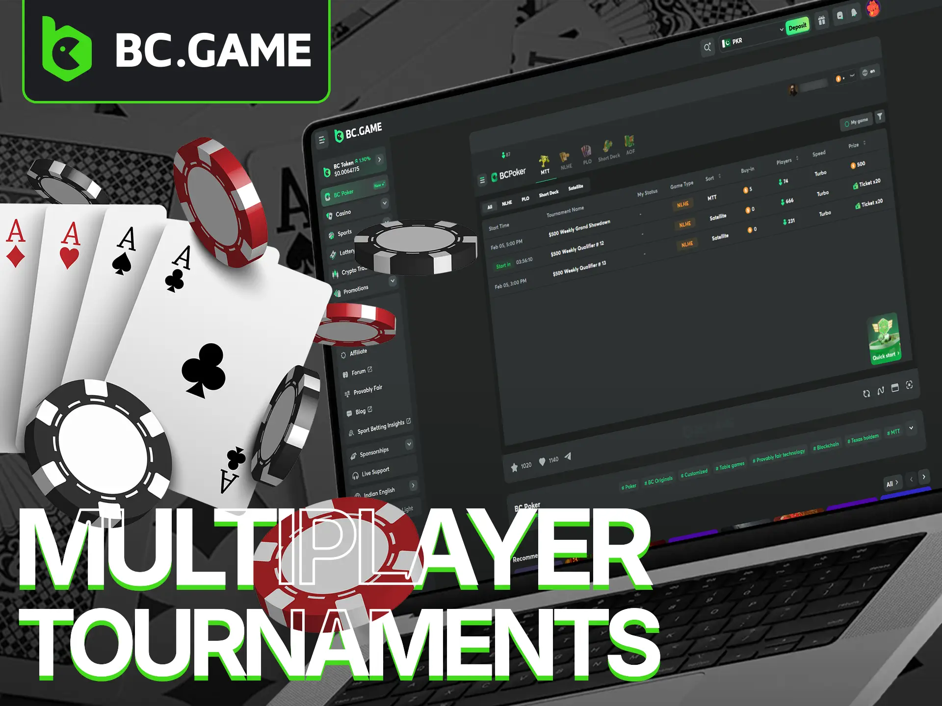 Participate in BC Game's BC Poker multiplayer tournaments for a chance to win large prize pools.