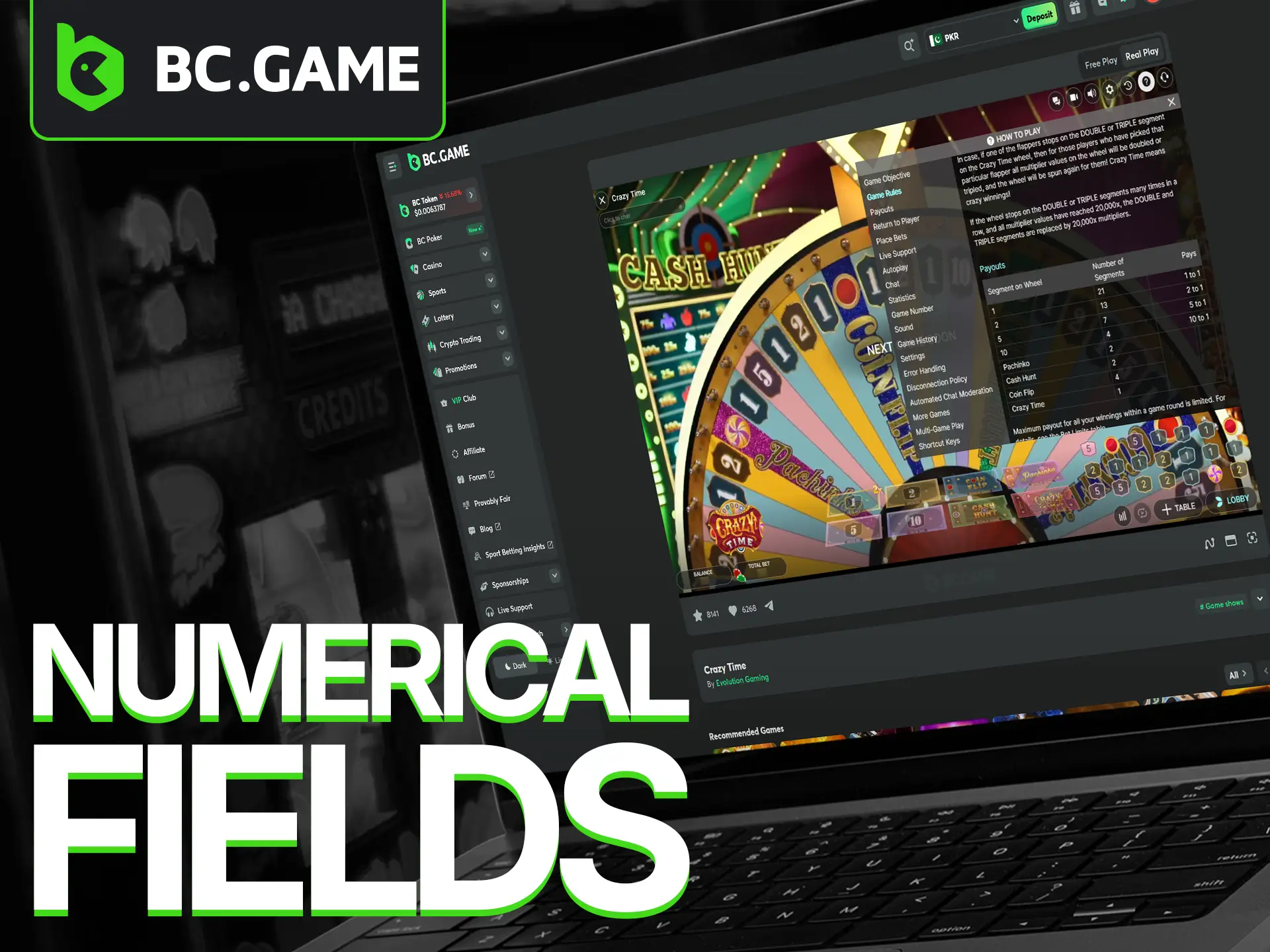 Explore the payouts for the wheel segments in Crazy Time at BC Game.