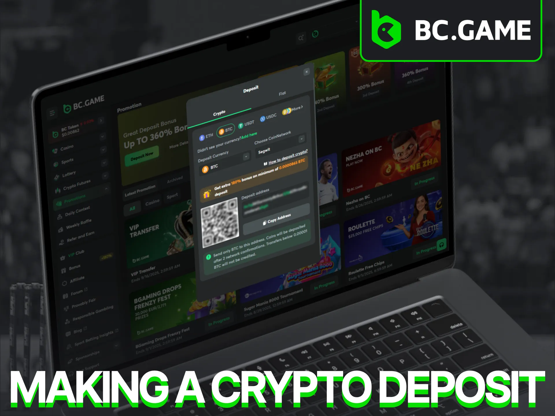 Perform a cryptocurrency deposit on the BC Game platform.